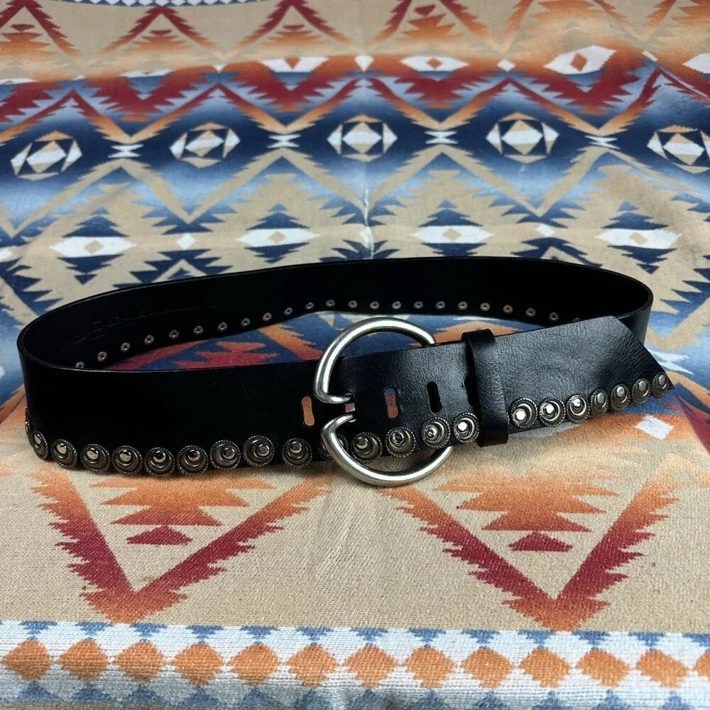 Brave Wide Leather Hip Belt Black Metal Medallions Canada Sz 38 Waist 37-41”